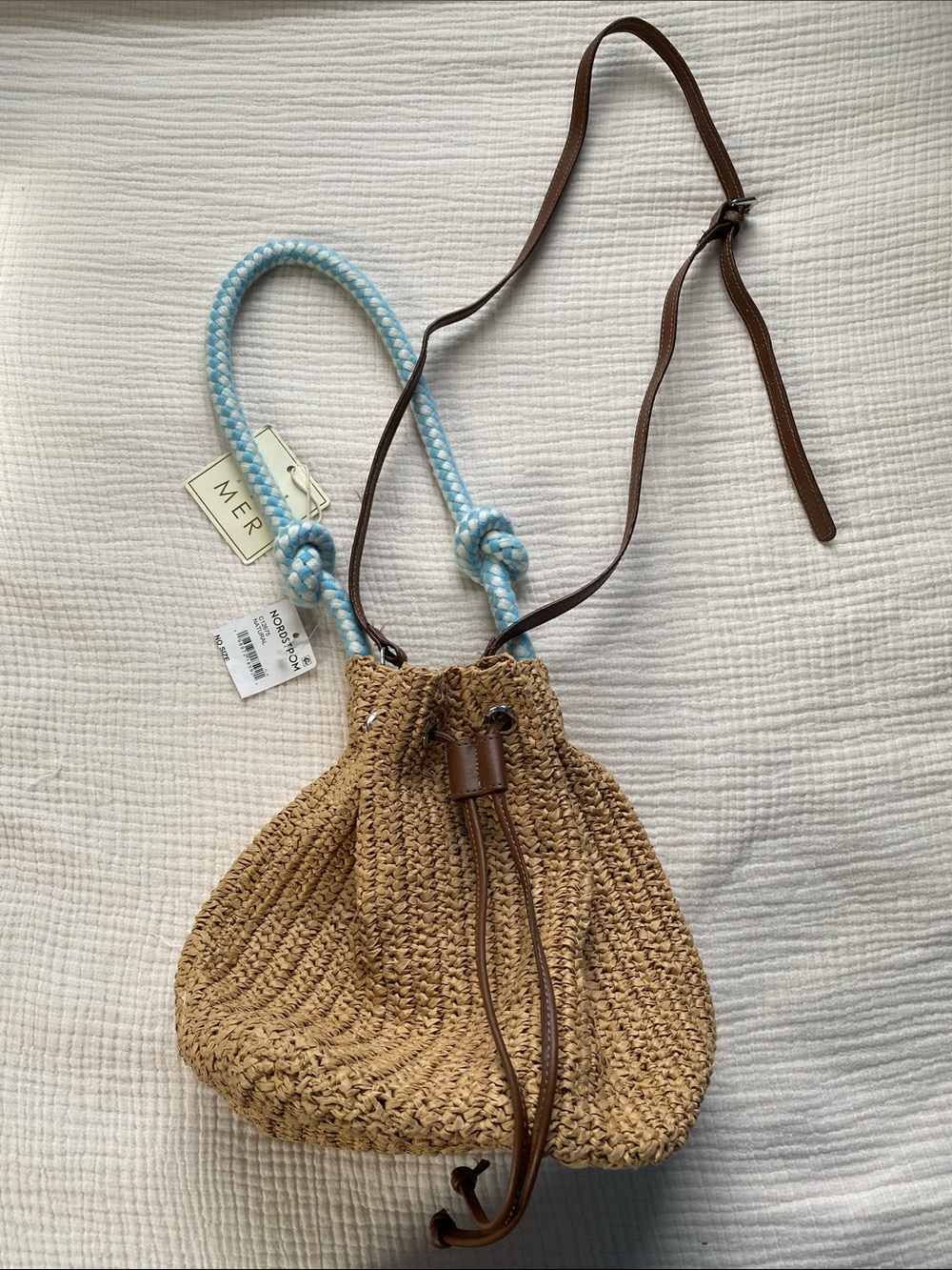Woven Raffia Drawstring Crossbody Bag with Blue Rope Handle